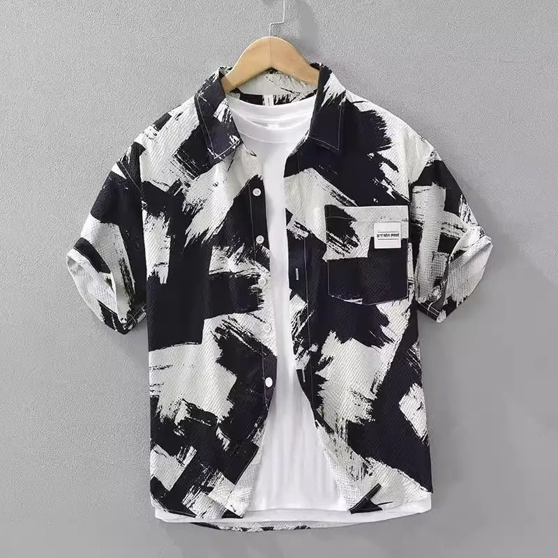 

Printed trend short-sleeved shirt men's summer new contrasting color design sense casual loose shirt jacket