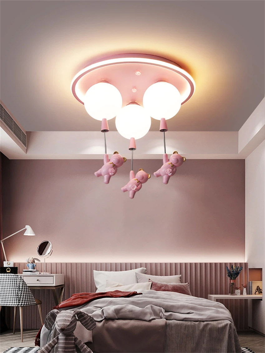 Pink Bear Balloon Ceiling Lights Bedroom Creative Princess Room E27 bulb Lights hanging Study LED Girl Bedroom Ceiling lamps