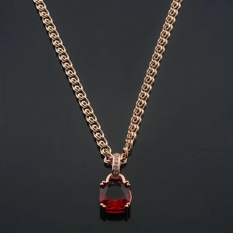 FJ Women Dark Red Cubic Zircon 585 Rose Gold Color Pendant Link Chains Jewelry