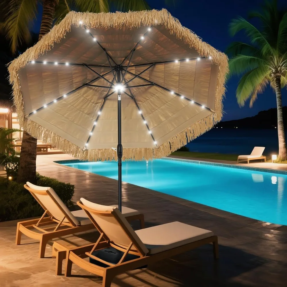 

9 Ft Solar Tiki Umbrella with 32 LED Lights, Tropical Vibes Thatched Umbrella Outdoor Patio with 8 Ribs, Tilt, Customized