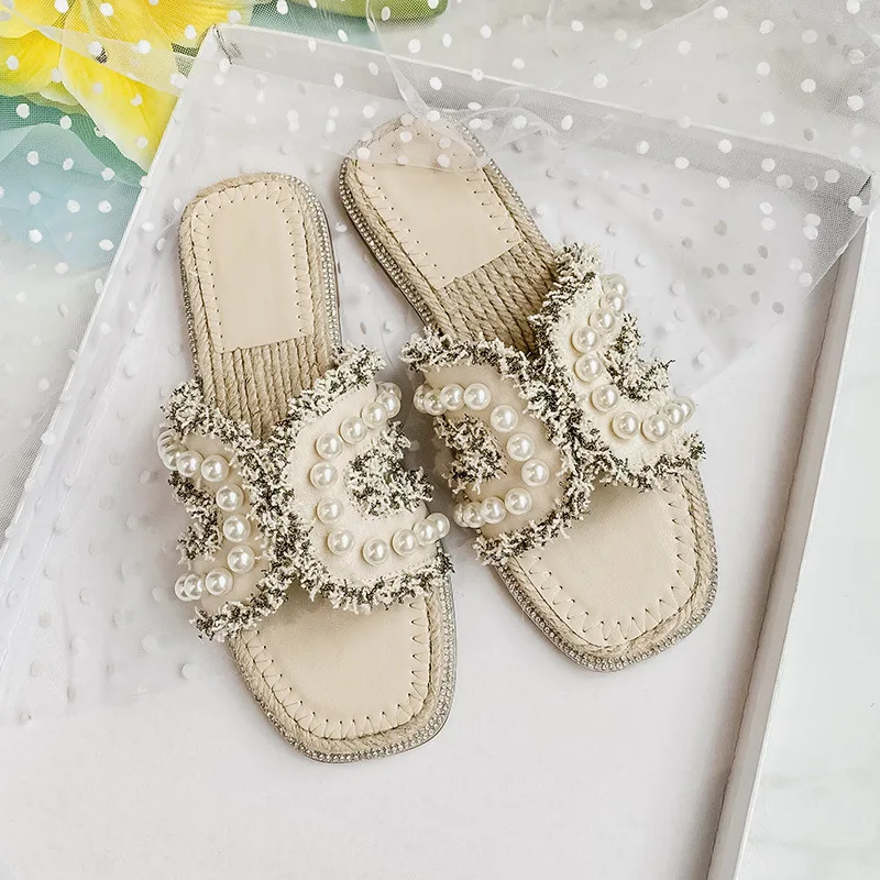 Sandalias de Mujer Estilo Boho para Vacaciones, Decoración de Perlas, Sandalias de Mujer con Flecos Tejidos de Lujo, Sandalias Casuales y Cómodas para Mujer