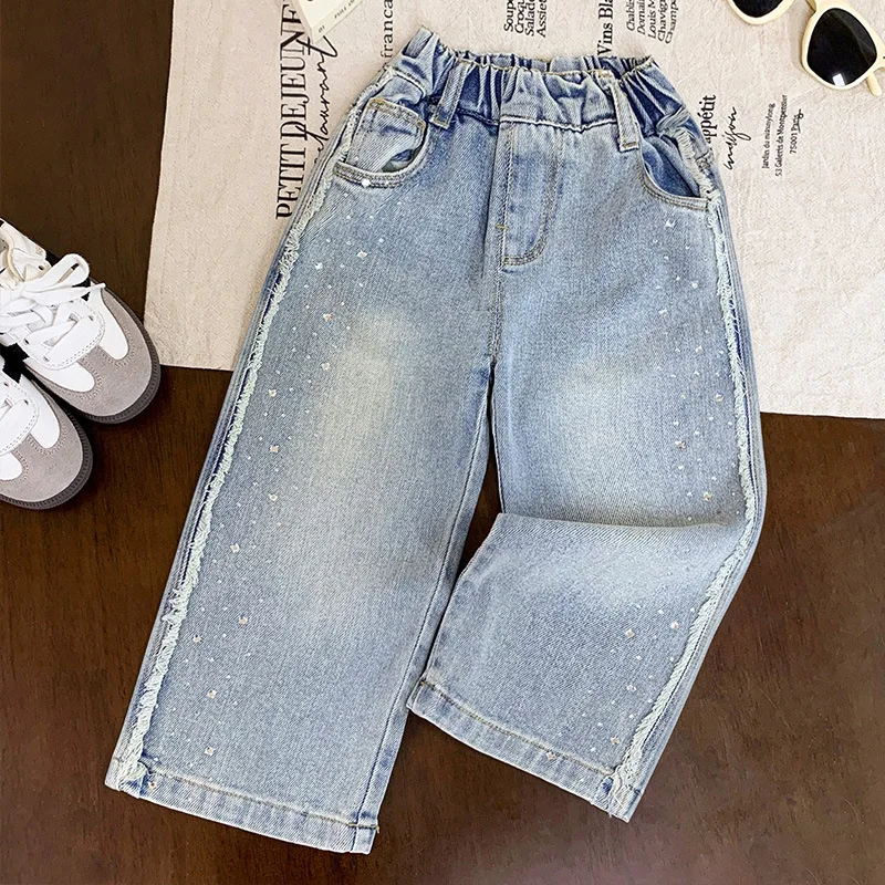 Mid Waist Straight Leg Denim Jeans Fashion Ripped Girls Student Korean Loose Slim Pants Sparkly Rhinestone Long Trousers JY01084