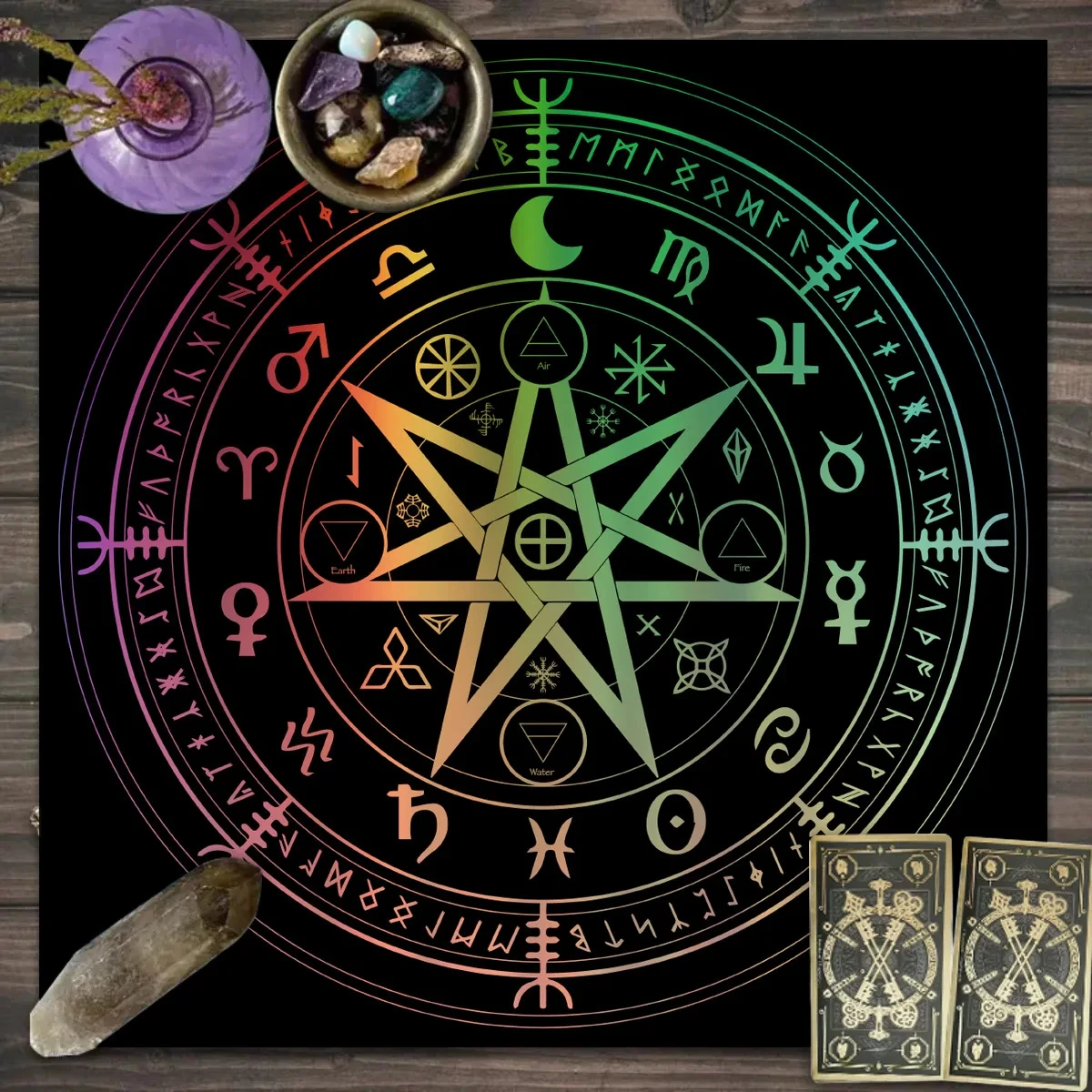 VIKAMA Seven Point Star Rune Tablecloth, 6 Designs, Tarot Divination Altar Cloth Witchcraft