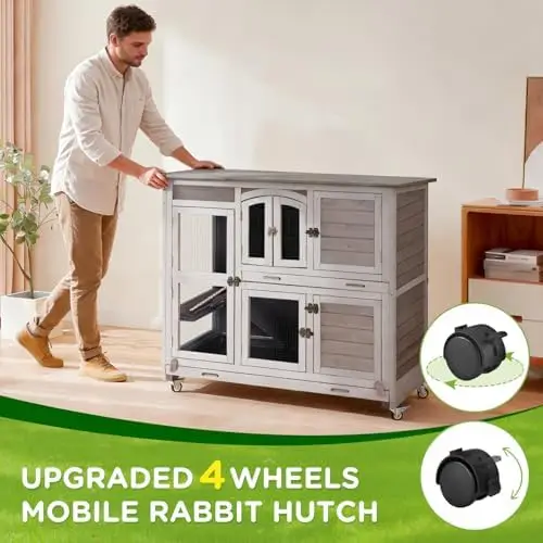 Large Indoor Rabbit Hutch Mobile Bunny Cage with Chew-Proof Ramp, Locking Leak-Proof Trays - Outdoor 44