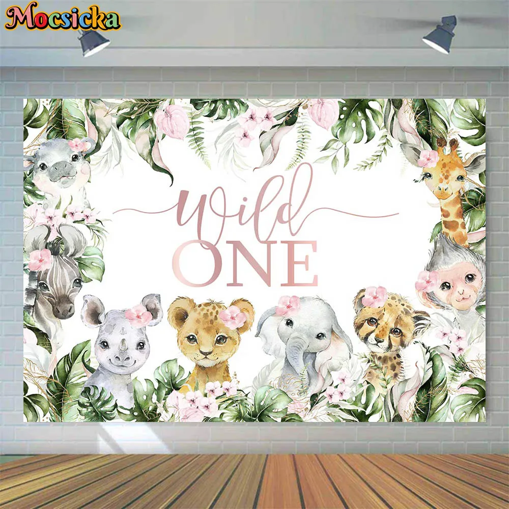 

Mocsicka Wild One Birthday Backdrop Girl 1st Birthday Party Safari Animals Photo Background Studio Photoshoot Props Custom Decor