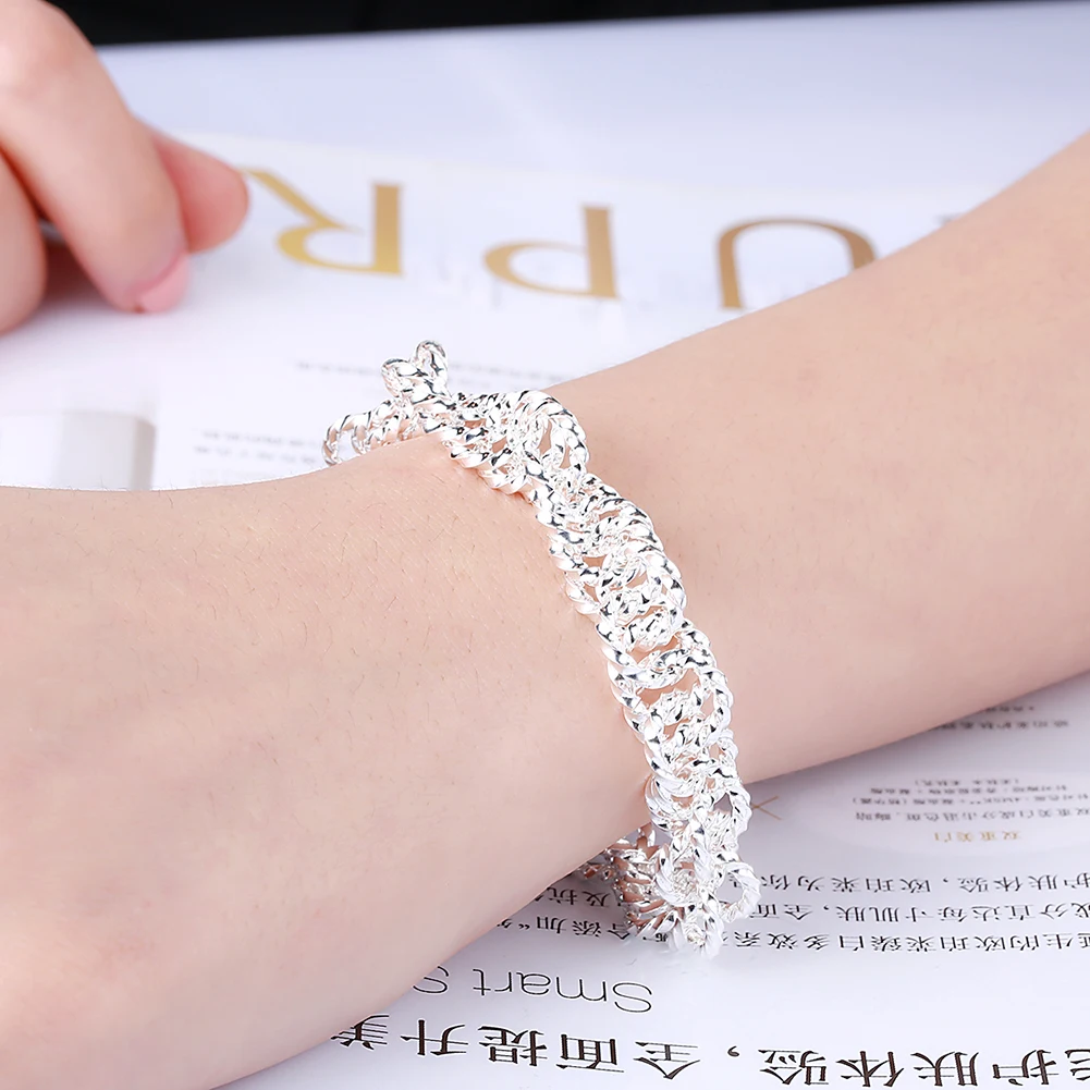 925 Silver Sparkling Twisted Circle Thick Chain Women's Simple Round Buckle Chain TO Bracelet Girl's Anniversary Gift