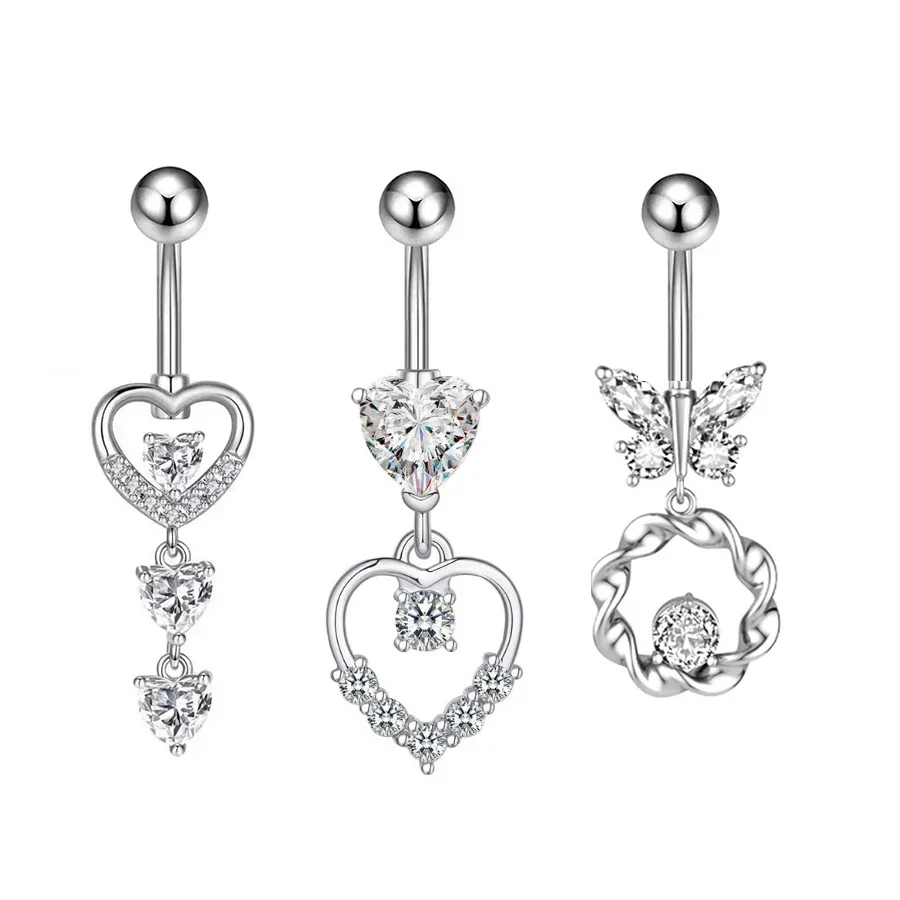 1PC Stainless Steel Shiny Heart Zirconia Belly Button Ring Sexy Butterfly Pendant Piercing Body Accessories Navel Jewelry