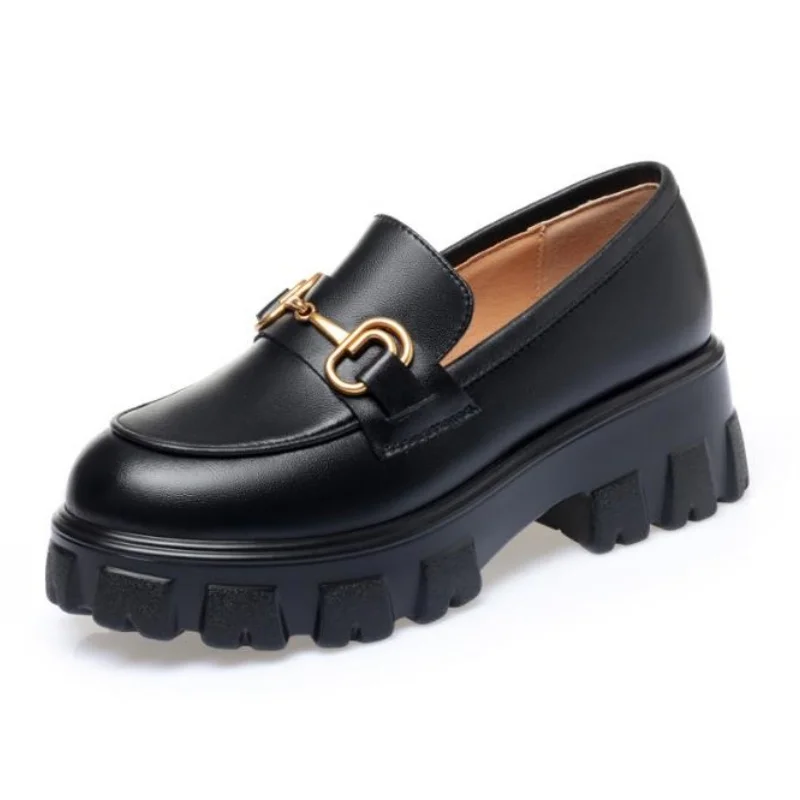 Spring New Slip ons Shallow Shoes Women Metal Chain Buckle Platform Chunky Heels Casual Shoes Loafers 34-43 sapato feminino