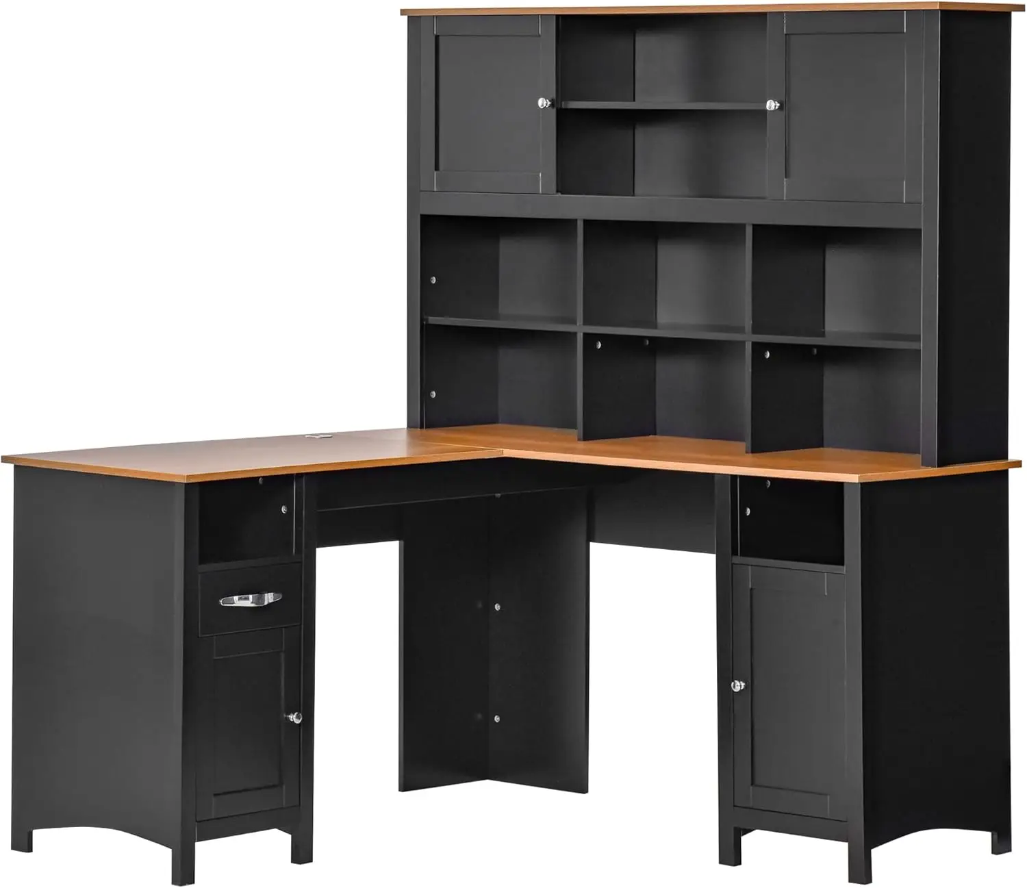 

L-shaped computer desk, 59 "corner desk, space-saving home desk with storage racks, drawers and cabinets, black