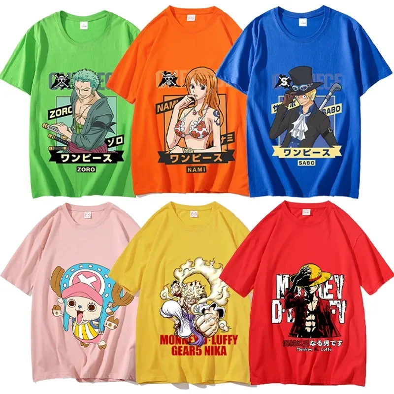 One Piece Cotton T Shirt Luffy Nika Zoro Nami Sabo Anime Figure Oversized Short-sleeve Hip Hop Loose Men Clothing Summer Tees