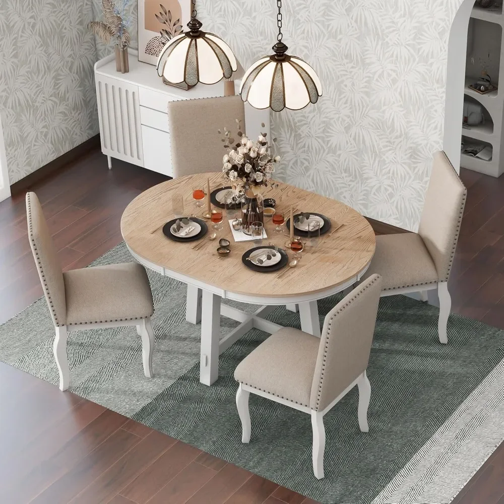 farmhouse style 5-piece dining set with round extendable table and 4 upholstered chairs