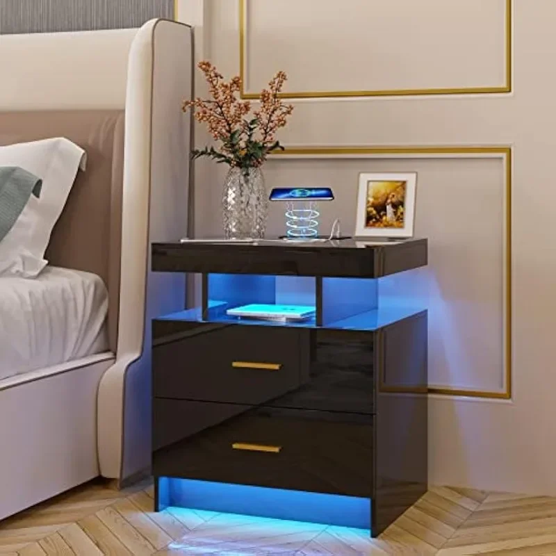 LED Nightstand with Wireless Charging Station & USB Ports,High Gloss Bedside Tables with 2 Drawers,Floating Nightstand