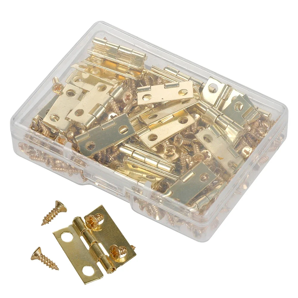 50pcs/box Hinges + 200 Screws Iron Golden/Antique Bronze 4 Holes Durable Furniture Hardware 18*16mm Mini Rounded Hinge Decor