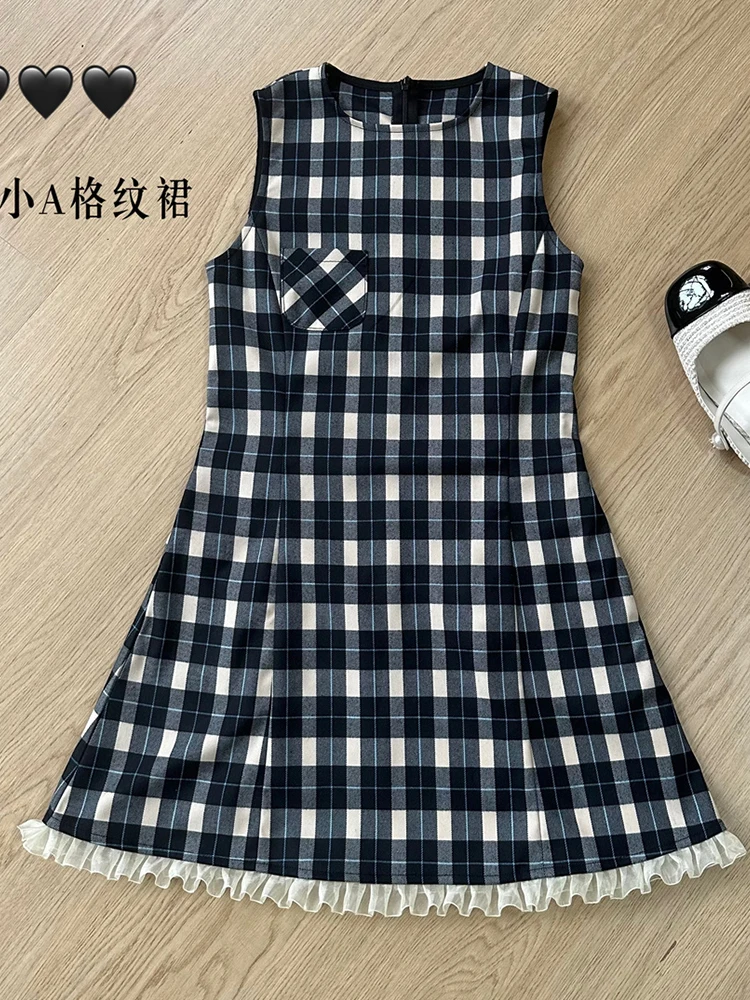 Estate coreano Vintage Plaid Mini abito donna vecchi soldi abiti senza maniche 2000s Party Preppy Mori Girl One-Piece o-collo elegante