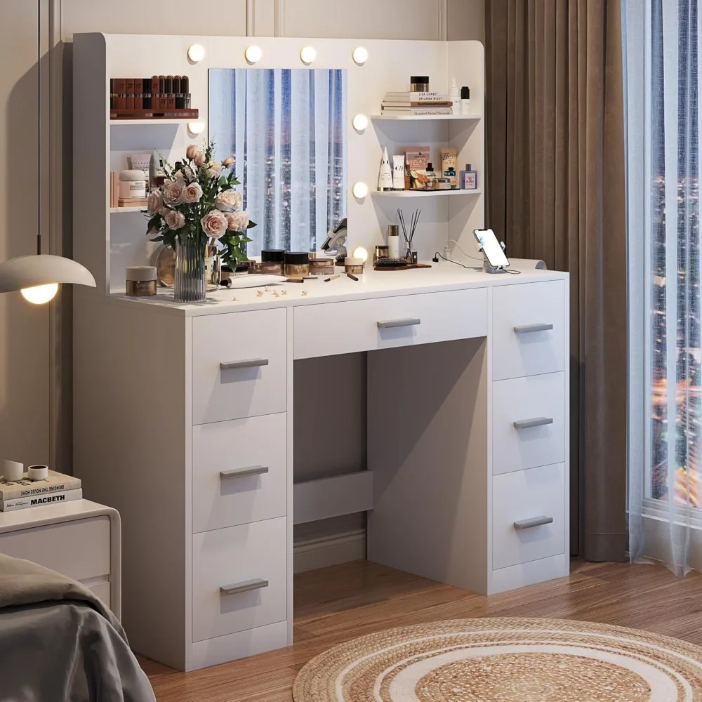 Vanity Desk with Mirror, Power Outlet and 10 Lights, Makeup Table with 7 Drawers, 3 Color Modes Available for Bedroom, White