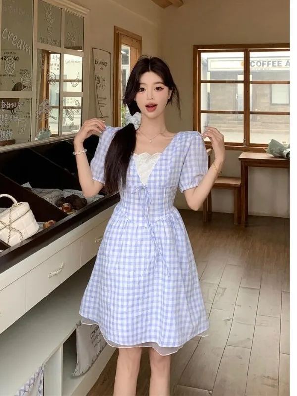 

plus Size Women's Knot V-Ne ort Sve Dr Summer New Waist Cinching Belly Covering Long Dr Korean Sle