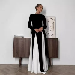Elegant Patchwork Round Neck Maxi Dress for Women Black Long Sleeve Evening Dress Autumn Slim Elegant Party Clubwear Robes
