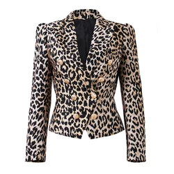 Women Classic Full Leopard Print Stylish Blazers Double-breasted Long Sleeve Jacket Female Outerwear