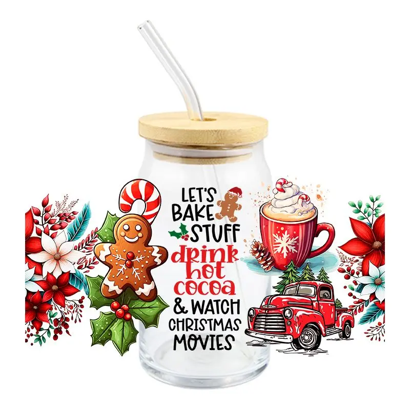 Christmas 3D UV DTF Gingerbread Man Transfer Sticker For Wraps Cup Libbey Glass Cup Cute Cartoon 16 OZ Sticker