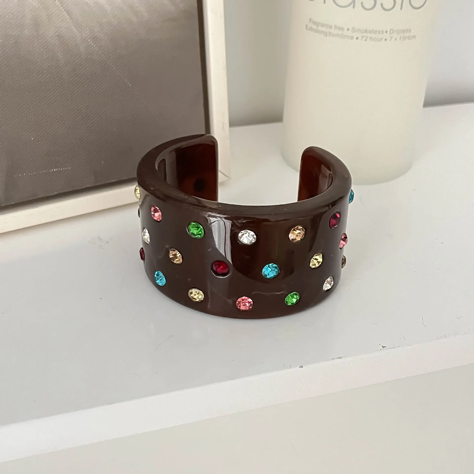 Boho Chunky Exaggerated Cute Colorful Bright Crystal Inlaid Resin C-shaped Open Bracelet for Women Girls Summer Party Jewelry