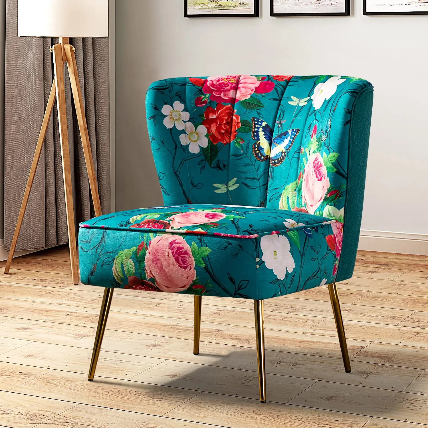 Tufted Wingback Accent Chair, Golden Metal Legs, Floral Fabric, Armless Slipper Chair for Living Room Bedroom, Customized