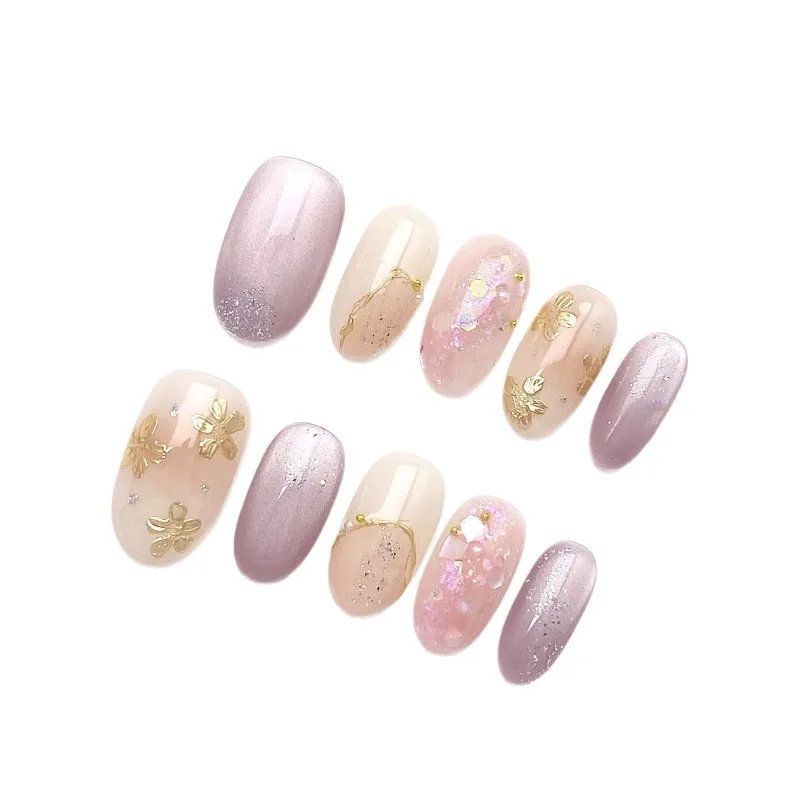 10 個優しい夢のような手作りプレスオンネイルグリッタースパンコールゴールドフラワー偽爪取り外し可能再利用可能