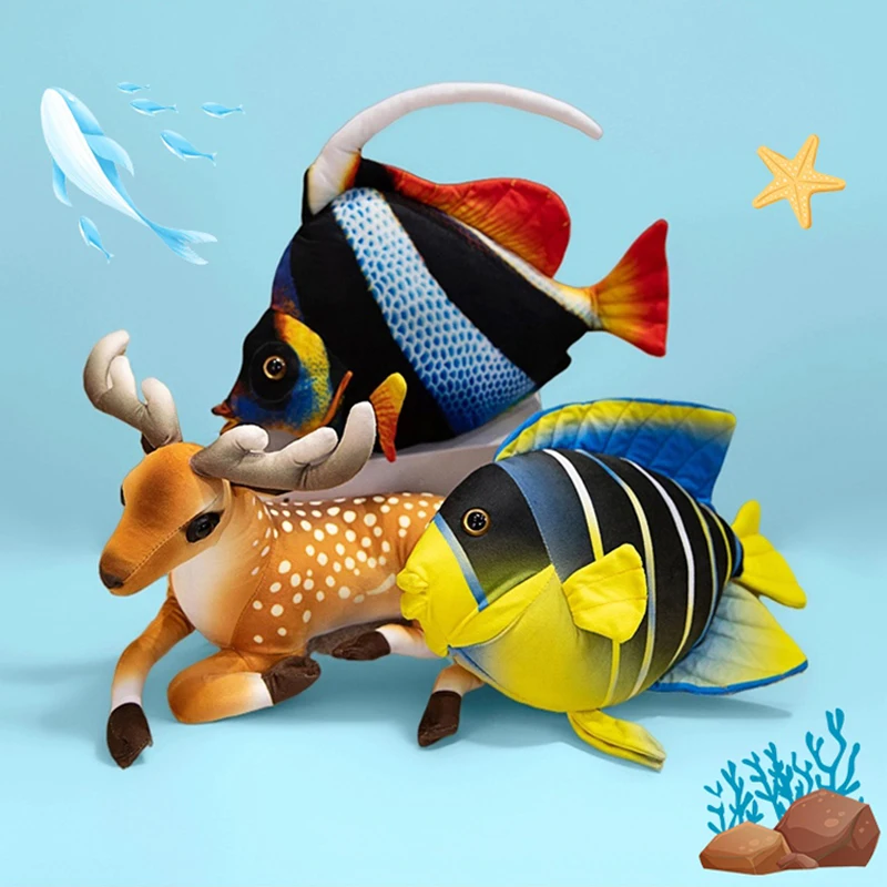 

Красивые тропические рыбы, плюшевые игрушки, имитация пятнистого оленя, куклы, красочная морская рыба, мягкая подушка, декоративные украшения для комнаты девушки