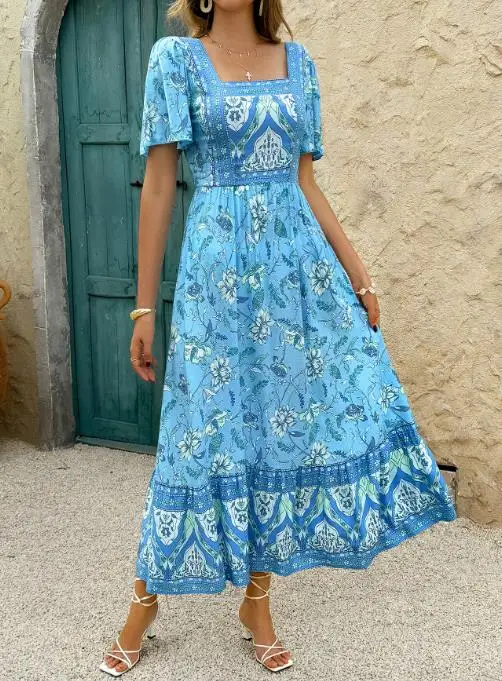 Gonna a trapezio con stampa floreale casual per le vacanze per le donne estive, elegante abito a trapezio con maniche svasate a vita alta e vestibilità slim con collo quadrato