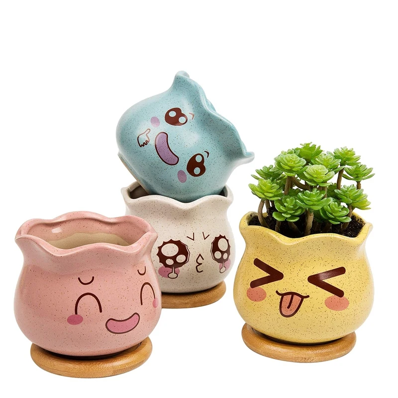 

4Pcs Succulent Plant Pot,Ceramic Cactus Plant Pot Flower Pot With Bamboo Tray Mini Ceramic Plant Pots