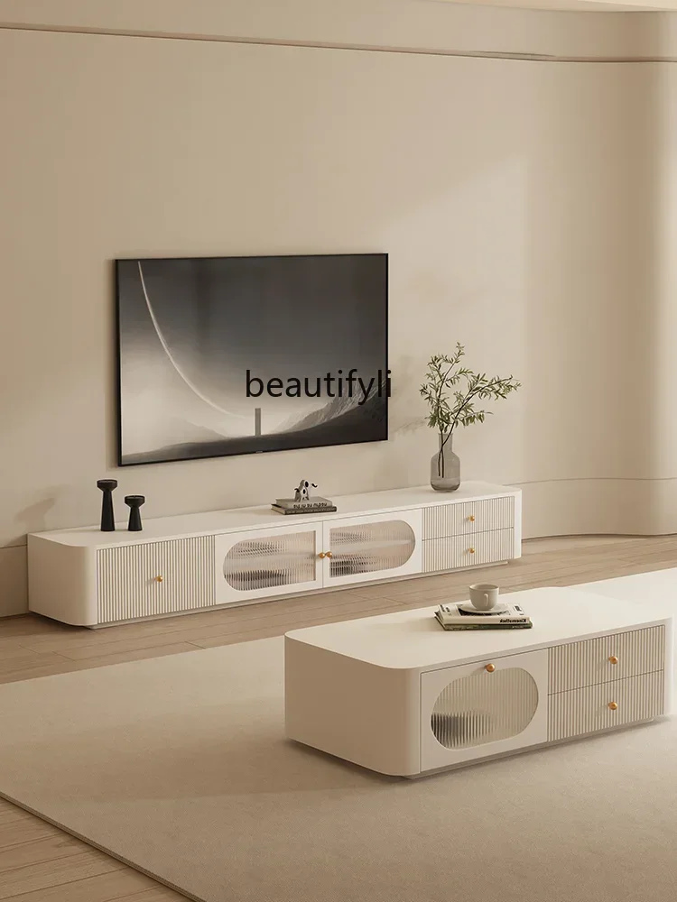

yj15 French Solid Wood Cream Style Paint TV Cabinet and Tea Table Combination Modern Simple Small Apartment Cabinet furniture