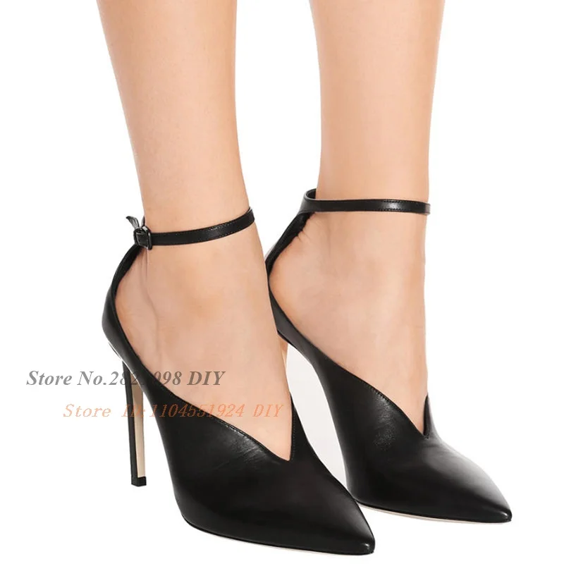 Leather Ankle Buckle Strap High Heels Women's Closed Pointed Toe Stiletto Pumps Large Size Banquet Shoes