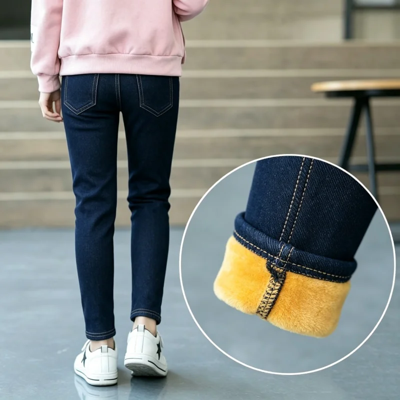 Kids Denim‑look Fleece Lined Pants Thicken Warm Bootcuts Skinny Thick Leggings With Fleece Elastic Waist Trousers Imitation Jean