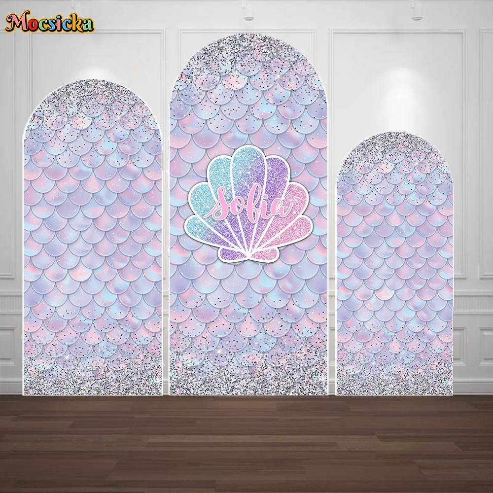 

Mermaid Theme Arched Backdrop Purple Fish Scale Shell Double-sided Background Baby Princess Birthday Party Cake Smash Decoration