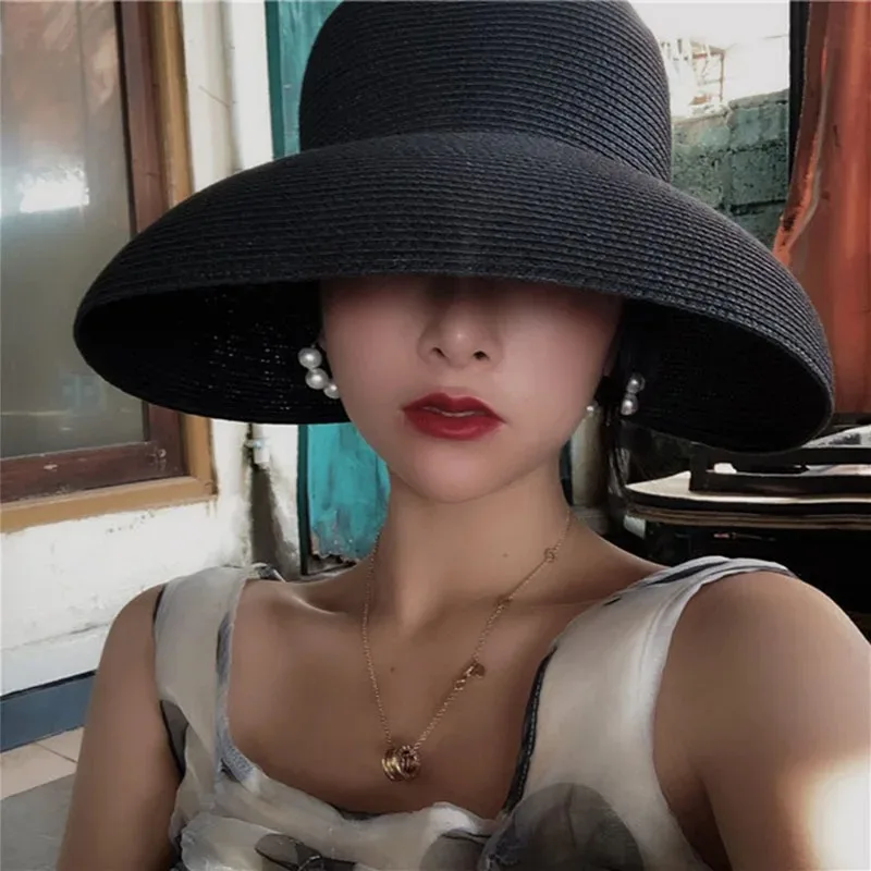 Summer French Style Women\'s Hat Vintage Design Wide Side Sun Visor Straw Hat Solid Color Female Beach