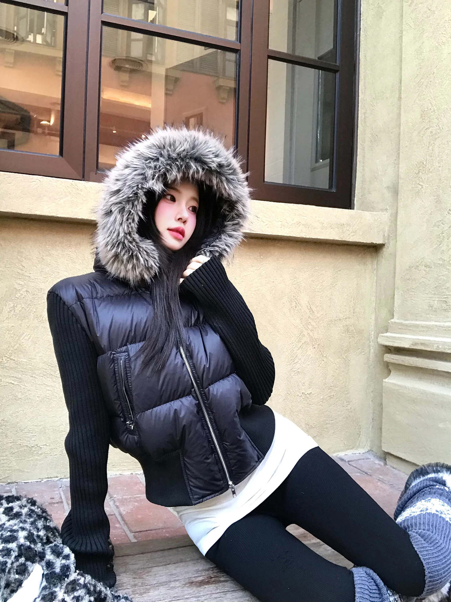 

Women's ort Puffer Jaet with Fur Collar Knitted White Du down Warm Thi Outerwear Commute Sle Regular Sve Long
