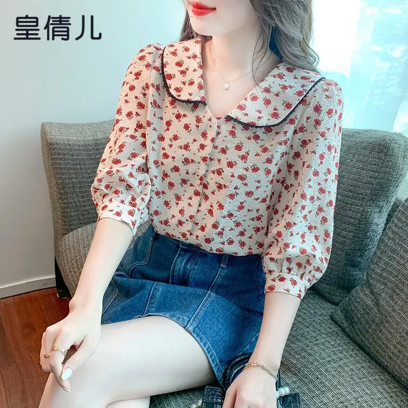 

Шифоновая рубашка с укороченными рукавами в стиле ретро с цветочным принтом для женщин, новый кукольный воротник, свободный и тонкий темперамент