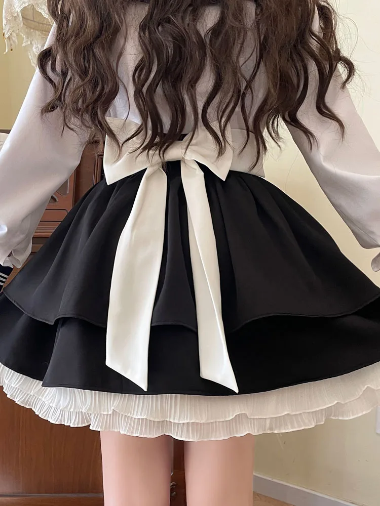 

KIMOKOKM Summer Preppy Style Ball Gown Skirt Kawaii Ruffled A-Line Lolita Skirts Vintage Sweety Girly Lace Black Mini Skirt