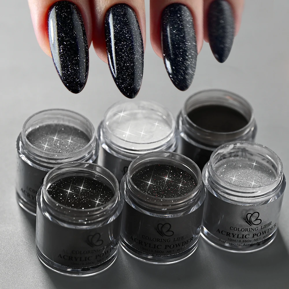 6개 세트 글리터 컬러 네일 아크릴 크리스탈 파우더 반짝이 폴리머 아크릴 파우더 프렌치 네일 연장 조각용 색소
