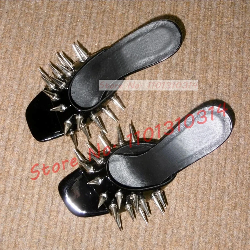 Open Toe Metal Spikes Mules Women Trending Sexy High Heels Patent Leather Gold Slippers Ladies Luxury Sparkly Party Chic Shoes