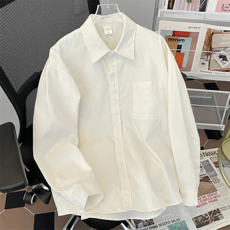 

Loose Fit Men's Pure Color Cotton Shirt Long Sleeve Retro Style Spring Autumn Trendy Brand Large Size Outerwear