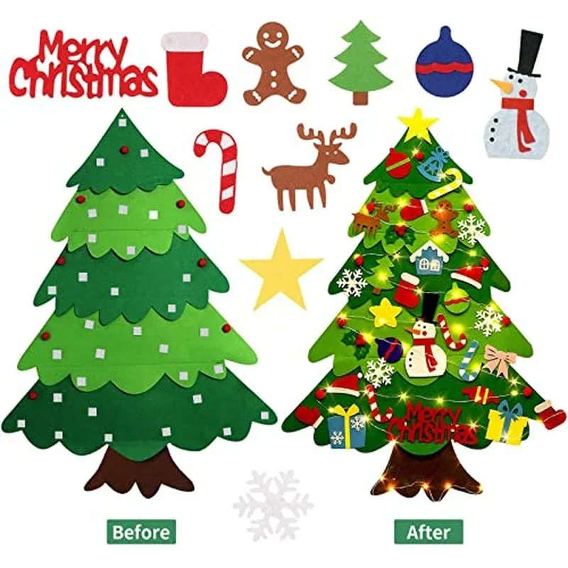 DIY Felt Christmas Tree Wall Hanging Artificial Xmas Tree with Santa Claus Snowflakes Ornament New Year Party Supplies Gift