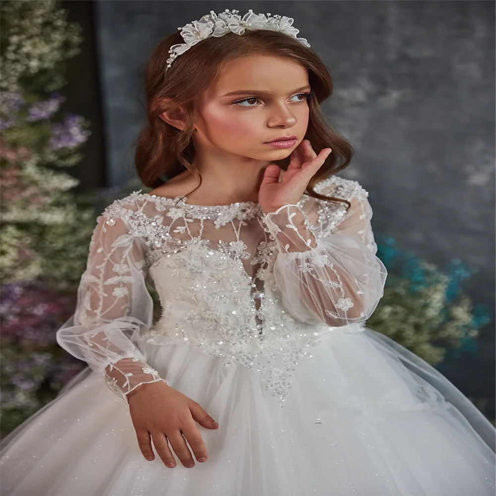 

Elegance Flower Girl Dresses Long Sleeve Beaded Little Kids Birthday Party First Communion Dress Celebration Wedding Gift