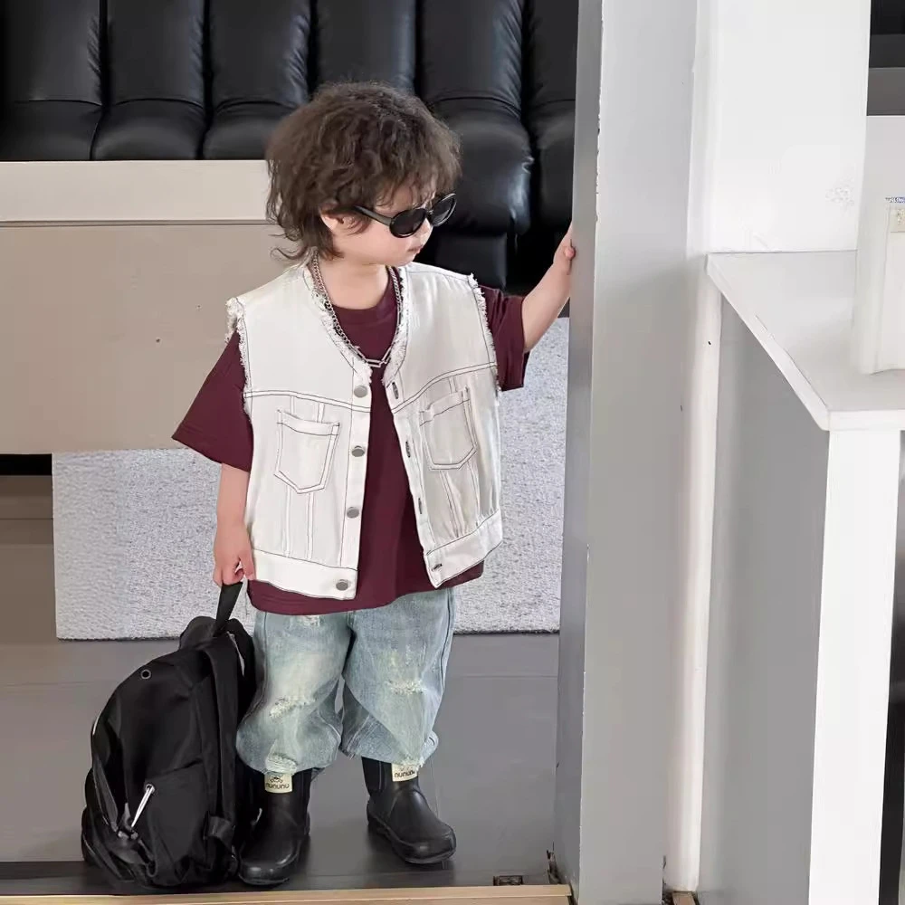 Children's Vest Spring Boys' Bright Thread Haired Vest Versatile Solid Color Baby Clip for Small and Medium Sized Children Top