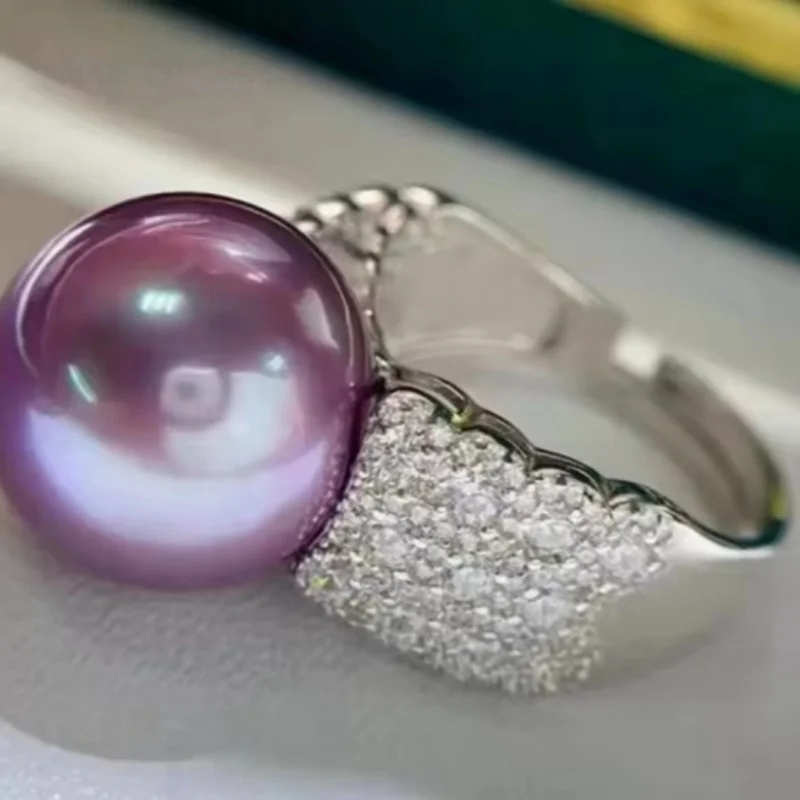 Huge Full Diamond Zircon Surrounding Natural Fresh Water 12-13mm White Pearl Luxury Atmosphere Ring 925 Sterling Silver Jewelry