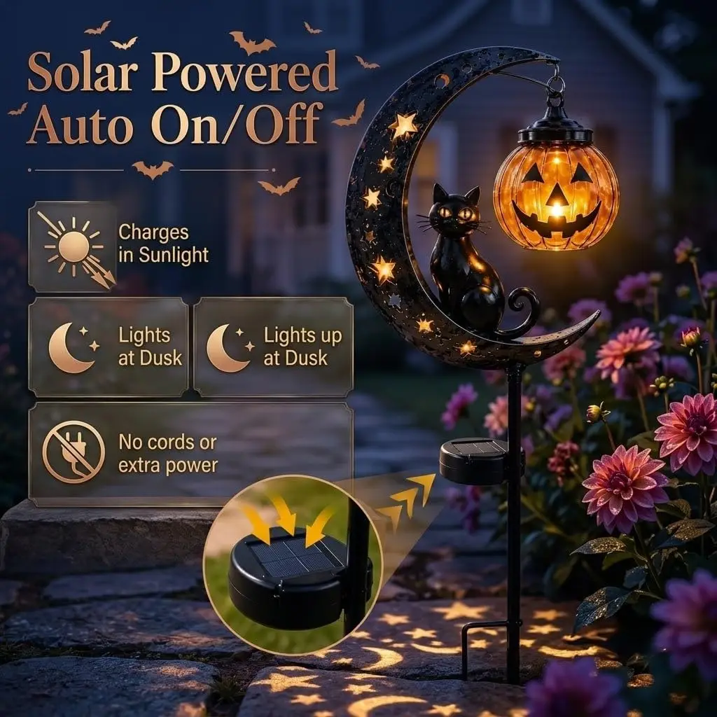 Solar Black Cat & Pumpkin Moon Garden Stake Light Waterproof Metal Pumpkin Light Stake with Black Cat Halloween Decorations 2026