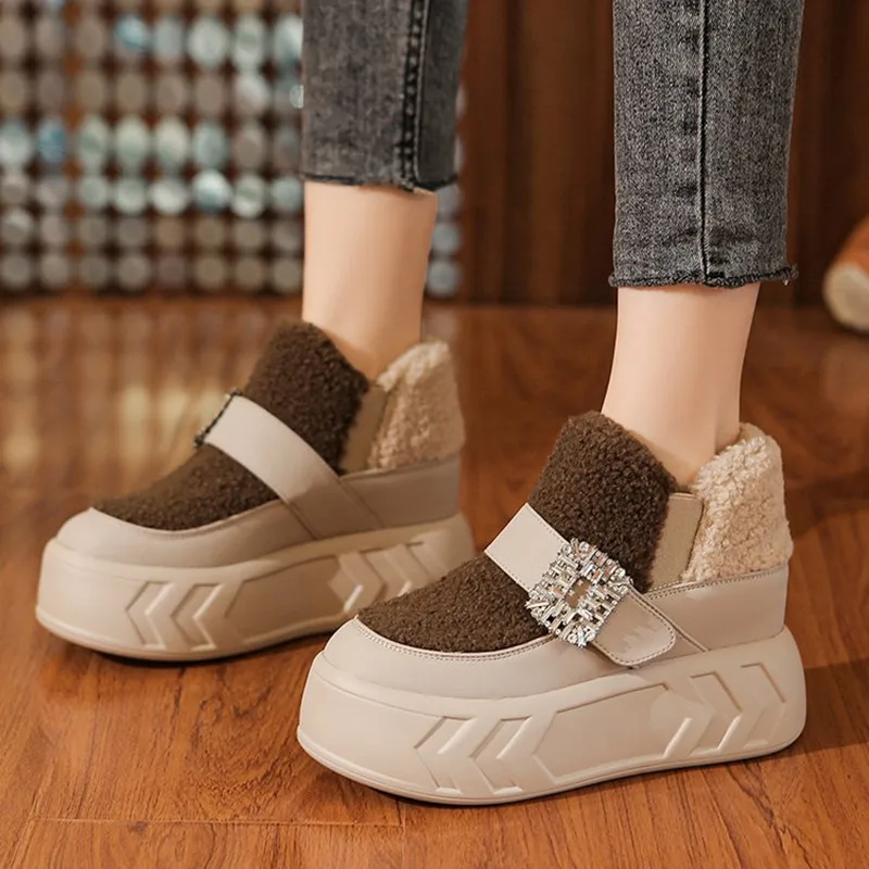 

2026 НОВЫЕ шерстяные ботинки с высоким берцем на толстой подошве, женские зимние утепленные флисовые теплые повседневные туфли на внутренней подъеме, Botas De Mujer