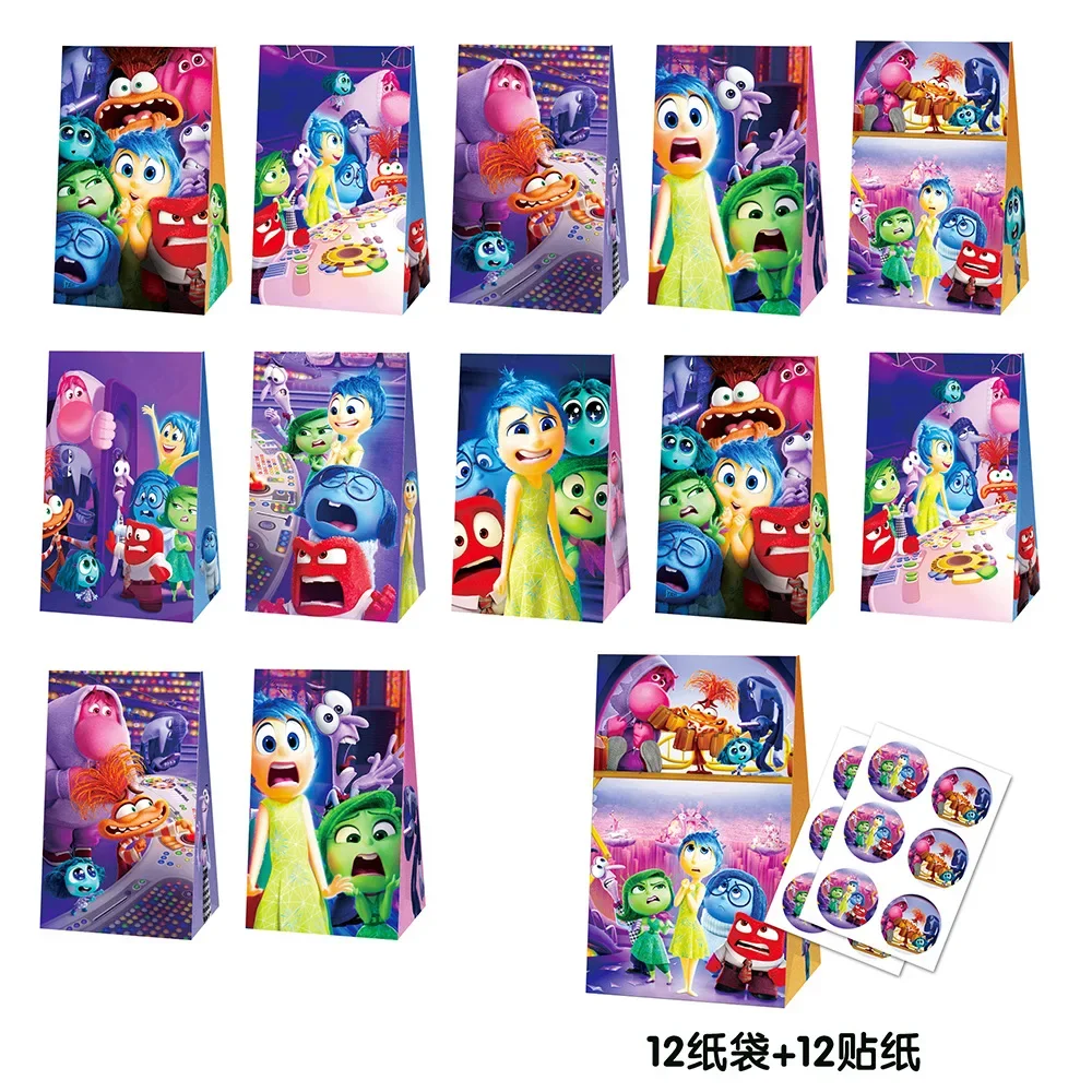 

12pcs Inside Out 2 Gift Bags and Stickers Cartoon Figure Sadness Anger Joy Paper Sack Children's Birthday Party Paper Candy Box