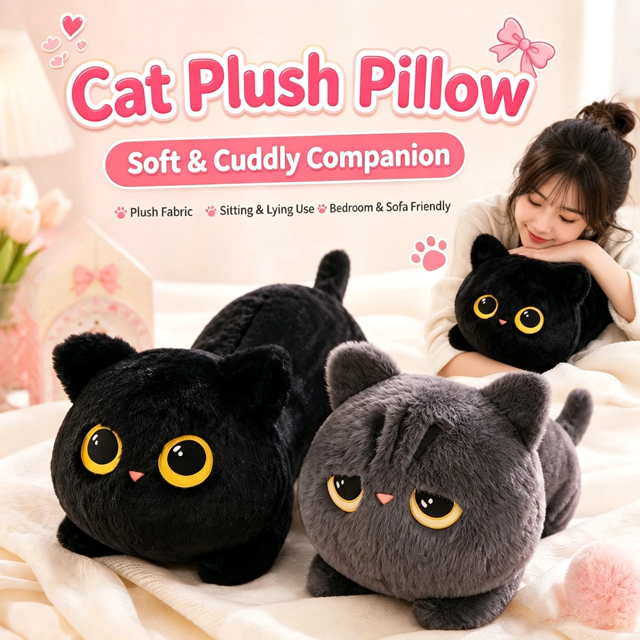 Cute Cat Plush Pillow, Black & Grey Cat Stuffed Doll, Long Sleeping Companion Toy, Birthday Gift for Girls, Sofa Cushion