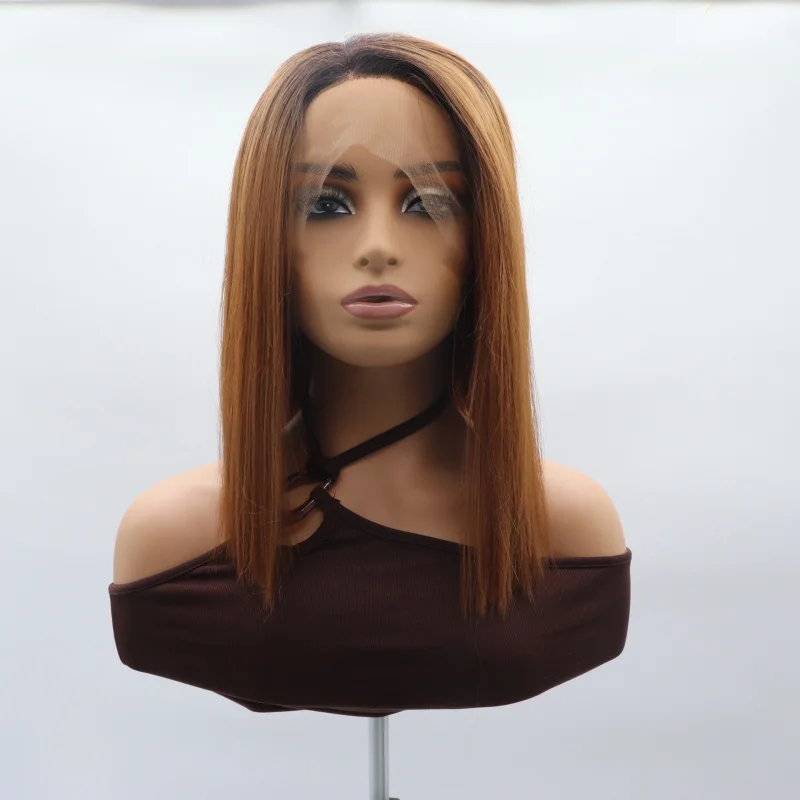 

European and American style women's wig, gradient brown, side-parted short straight hair, hand-tied front lace, synthetic fiber,