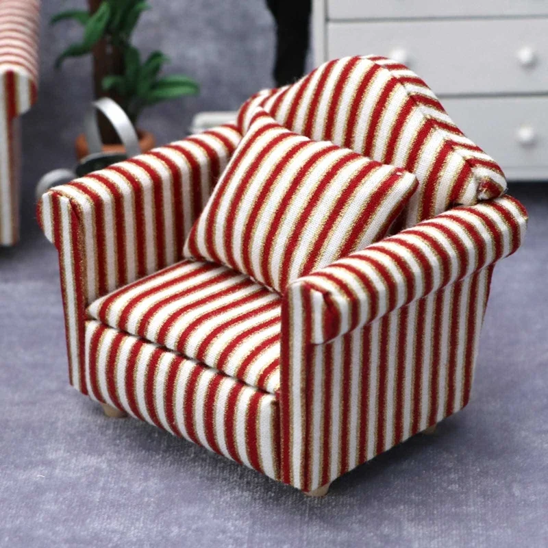 1/12 Mini Sofa Armchair Wooden Couch Toy Floral Sofa Throw Pillow Doll House Furniture Role Play Accessory Kids Play Toy